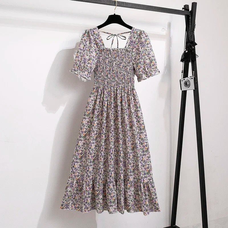 Spring Summer Chiffon Dresses Fashion Female Elastic Waist Short Sleeve Pleated Casual Dress Women A - line Dresses Vestidos - Bako Bako