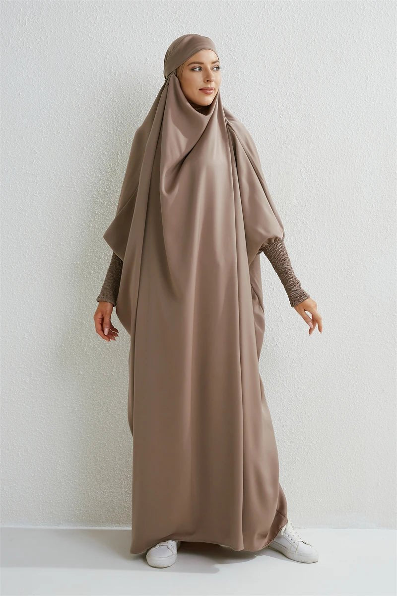 Muslim Abaya Hooded Smocking Sleeve One - piece Prayer Dress Women Jilbab Islamic Clothing Dubai Saudi Black Robe Turkish Modesty - Bako Bako
