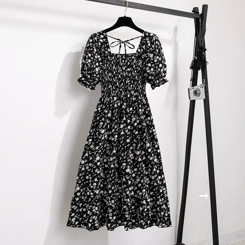 Spring Summer Chiffon Dresses Fashion Female Elastic Waist Short Sleeve Pleated Casual Dress Women A - line Dresses Vestidos - Bako Bako