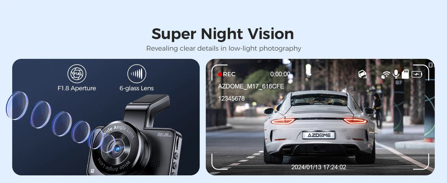 AZDOME Dash Cam M17 1080P Front Cam Built - in ADAS GPS Car Camera 24H Parking Monitor Night Vision Car DVR WIFI APP 150°FOV - Bako Bako