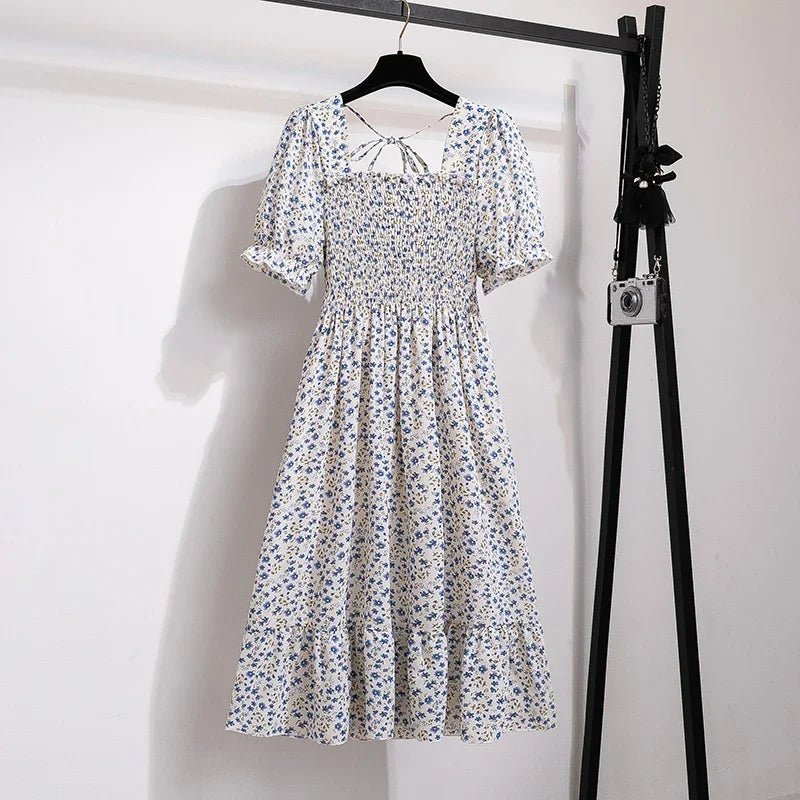 Spring Summer Chiffon Dresses Fashion Female Elastic Waist Short Sleeve Pleated Casual Dress Women A - line Dresses Vestidos - Bako Bako