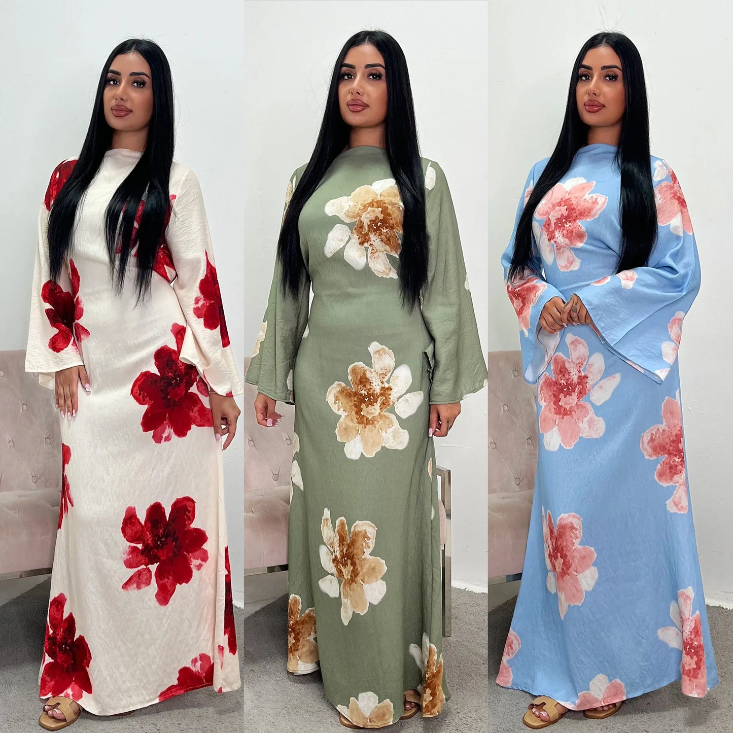 Arabesque Bell Sleeve Flowy Maxi Abaya Dress Elegant Floral Print Muslim Modest Long Dress Islamic Vacation Outfit Summer Robe - Bako Bako