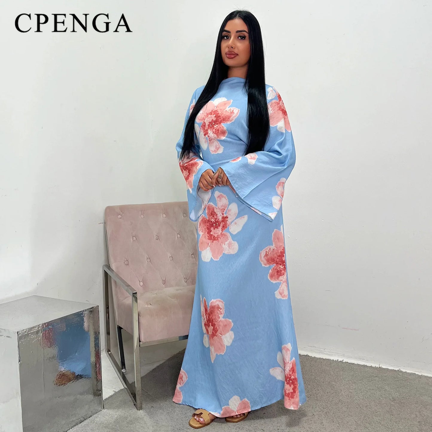 Arabesque Bell Sleeve Flowy Maxi Abaya Dress Elegant Floral Print Muslim Modest Long Dress Islamic Vacation Outfit Summer Robe - Bako Bako