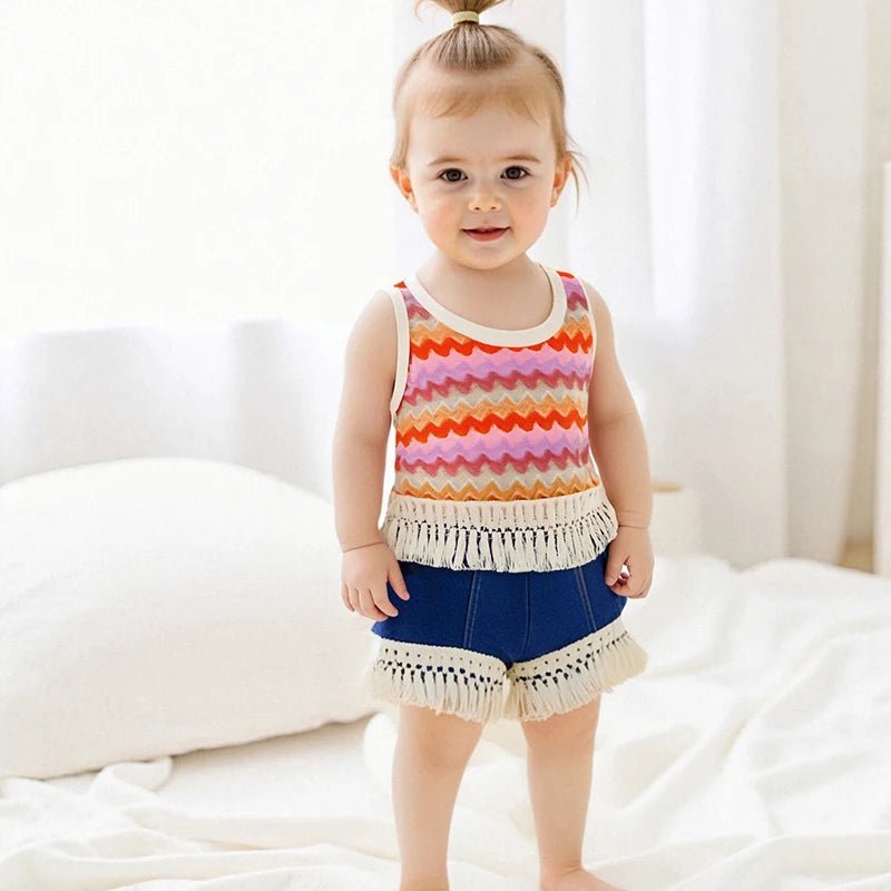 Adorable Baby Girl Outfits Vibrant Rainbow Striped Fringe Sleeveless Tank Top Elastic Waist Jean Shorts 2 - Piece Set for Summer - Bako Bako