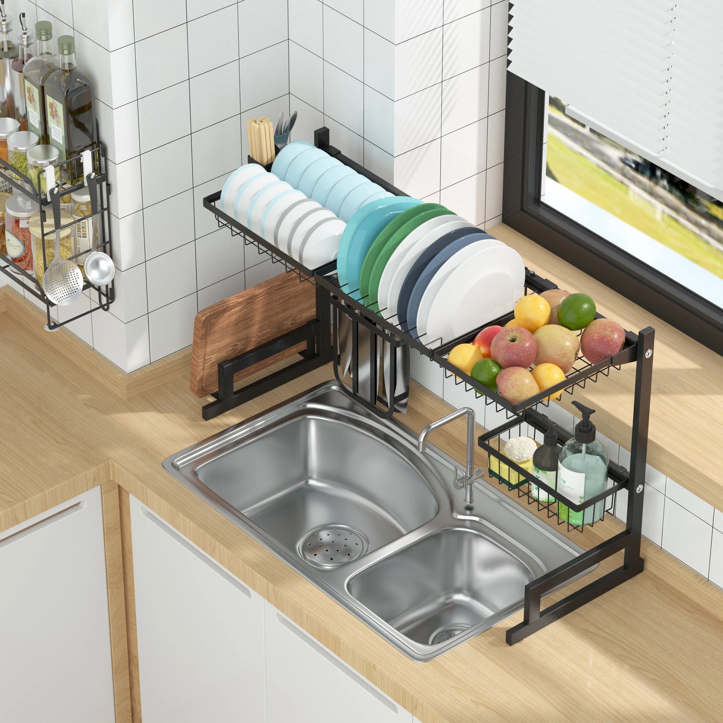 Adjustable Large Dish Drying Rack Metal Over the Sink Storage 2 - Tier Kitchen Organizer with Utensils Holder, Chopstick Holder - Bako Bako