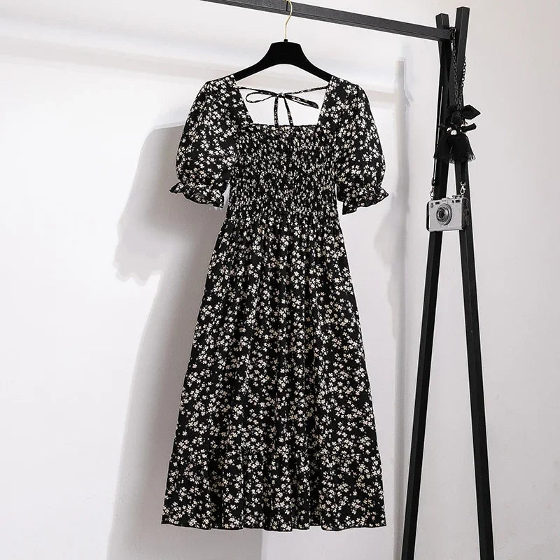 Spring Summer Chiffon Dresses Fashion Female Elastic Waist Short Sleeve Pleated Casual Dress Women A - line Dresses Vestidos - Bako Bako