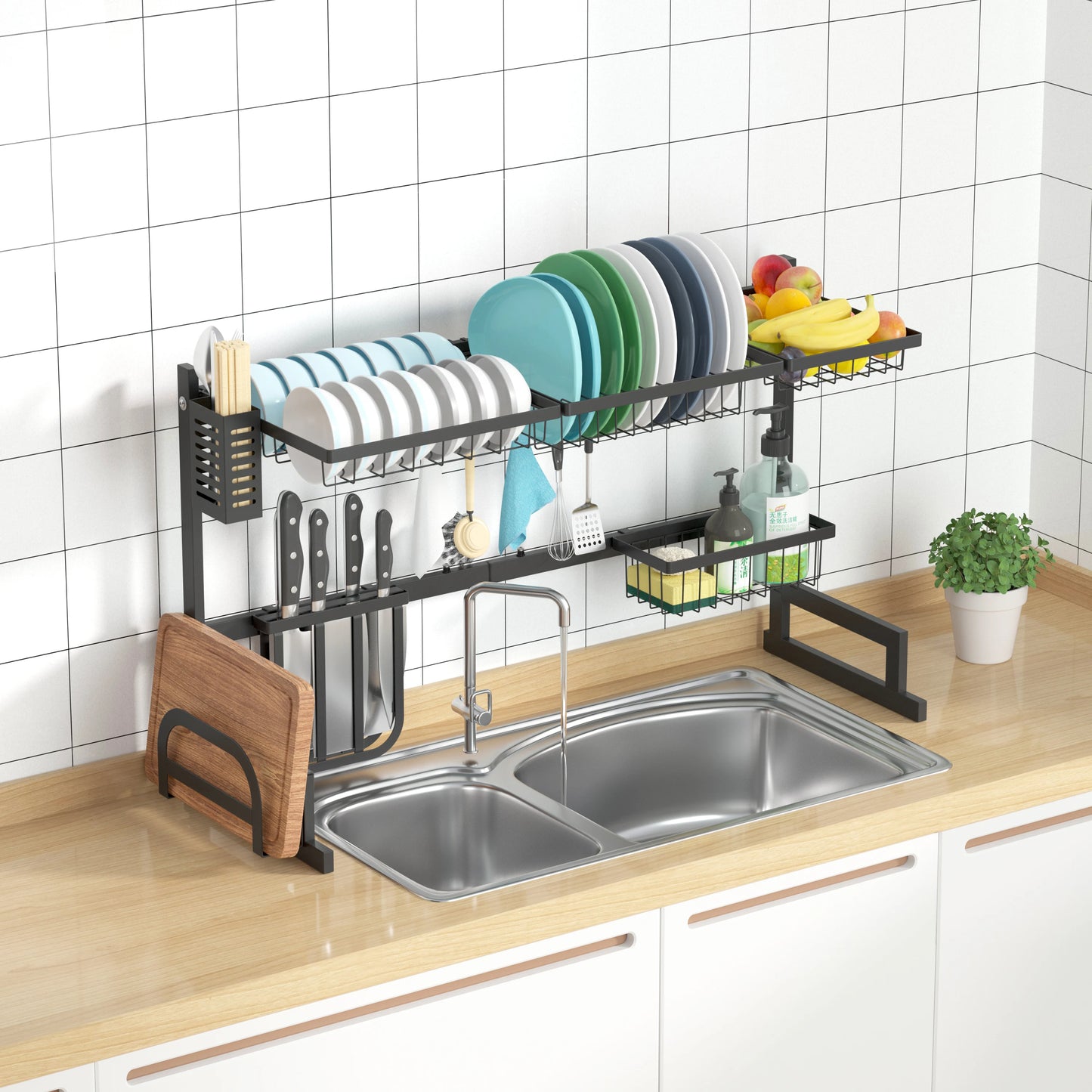 Adjustable Large Dish Drying Rack Metal Over the Sink Storage 2 - Tier Kitchen Organizer with Utensils Holder, Chopstick Holder - Bako Bako
