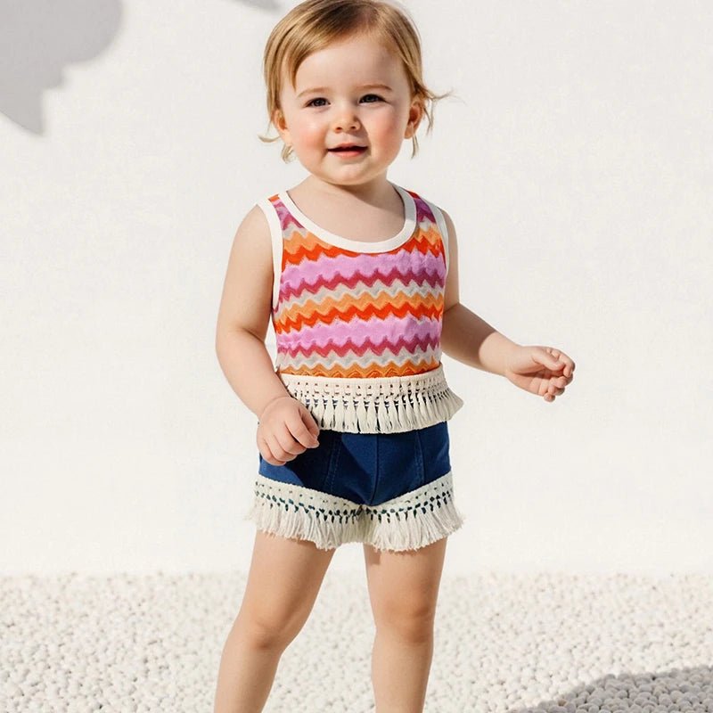 Adorable Baby Girl Outfits Vibrant Rainbow Striped Fringe Sleeveless Tank Top Elastic Waist Jean Shorts 2 - Piece Set for Summer - Bako Bako