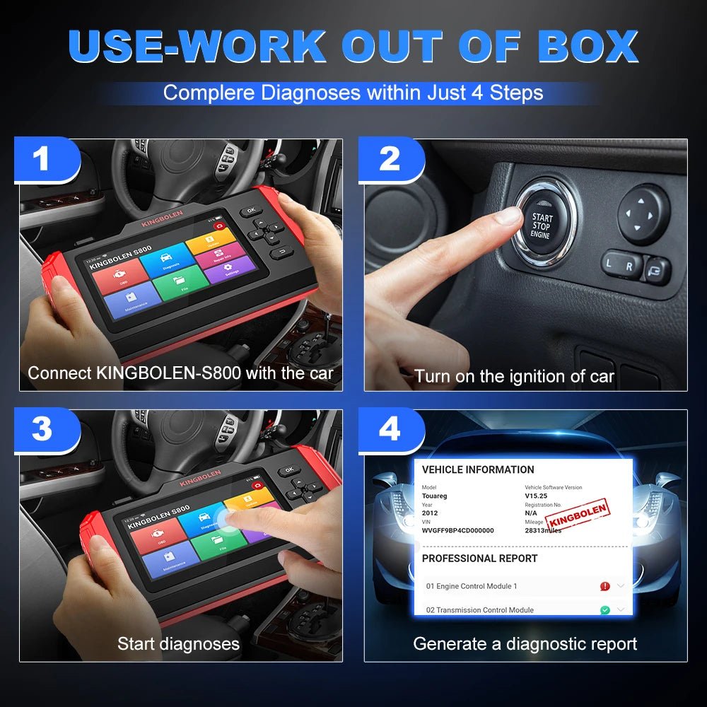 KINGBOLEN S800 4 Systems Engine ABS SRS Transmission OBD2 Scanner 15 Resets Scan Tool EOBD Diagnostic Tool Lifetime Free Update - Bako Bako