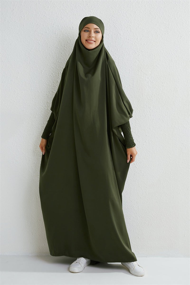 Muslim Abaya Hooded Smocking Sleeve One - piece Prayer Dress Women Jilbab Islamic Clothing Dubai Saudi Black Robe Turkish Modesty - Bako Bako