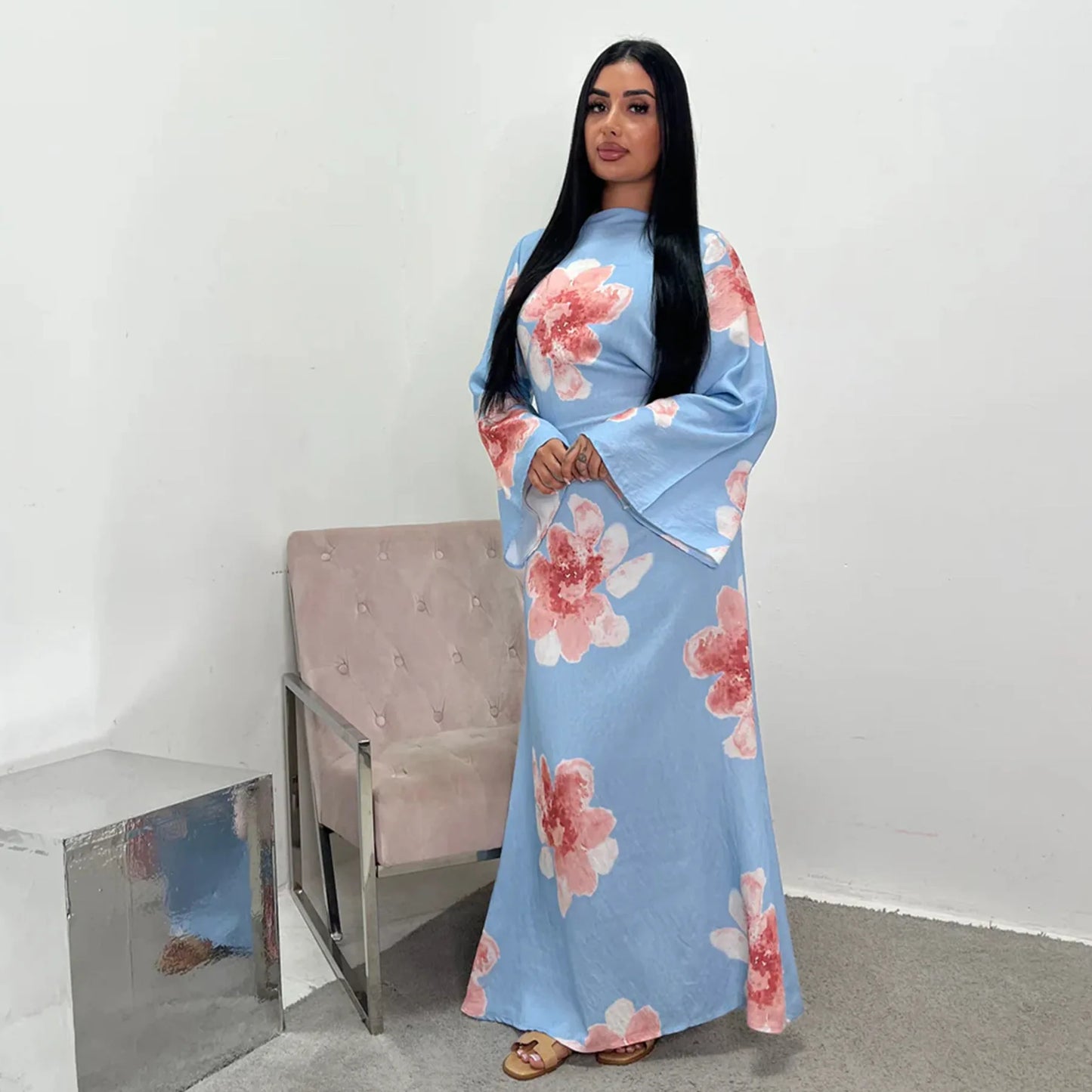 Arabesque Bell Sleeve Flowy Maxi Abaya Dress Elegant Floral Print Muslim Modest Long Dress Islamic Vacation Outfit Summer Robe - Bako Bako