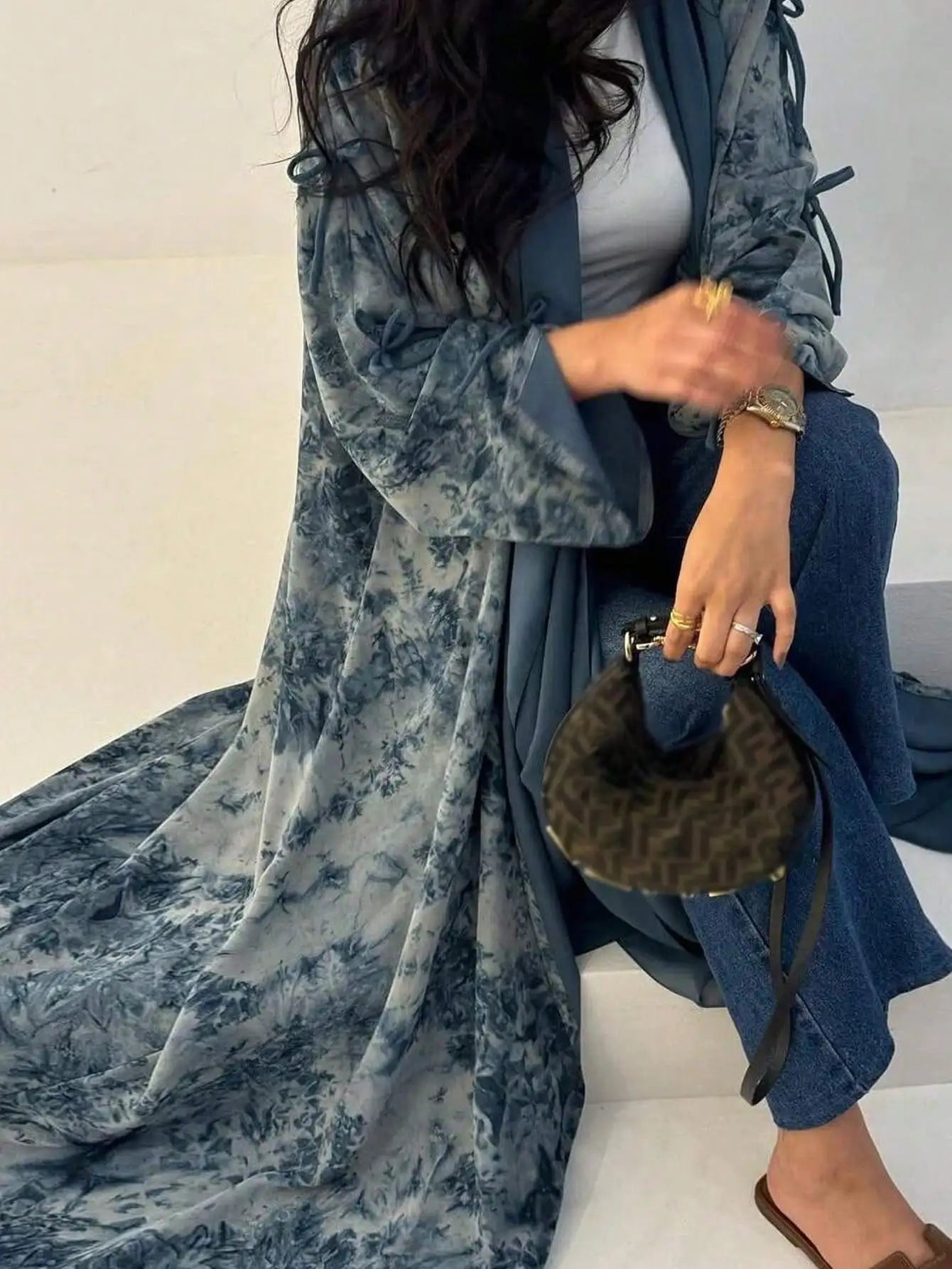 Middle Eastern Women Loose Tie Dye Abayas Casual Kaftan Arabian Maxi Dresses Full Sleeve Open Front Abaya Jilbabs Without Hajib - Bako Bako