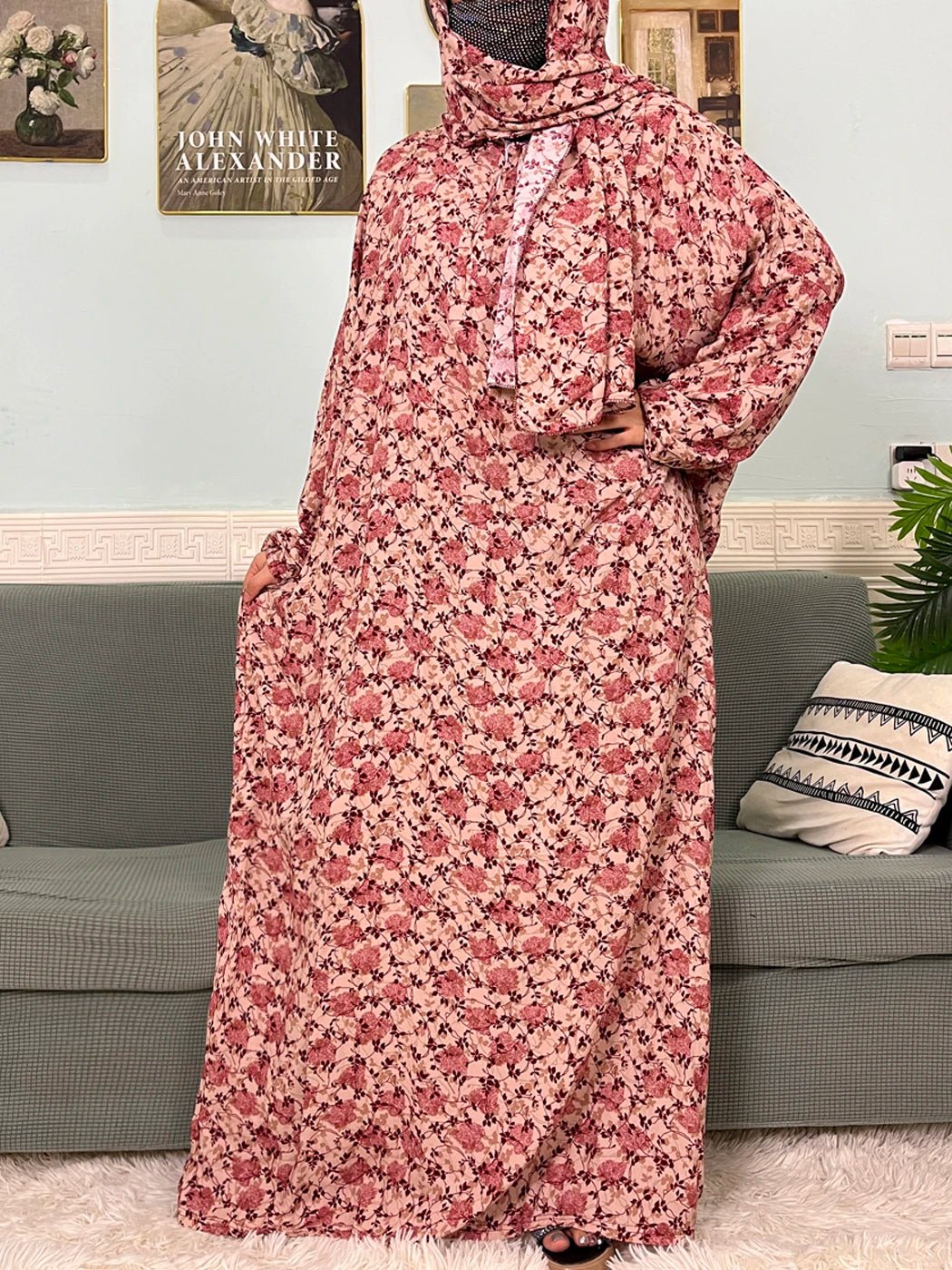 Muslim Cotton Abayas For Women Traditional Floral Ramadan Prayer Garment African Caftan Marocain Femme Robe Connected Headscarf - Bako Bako