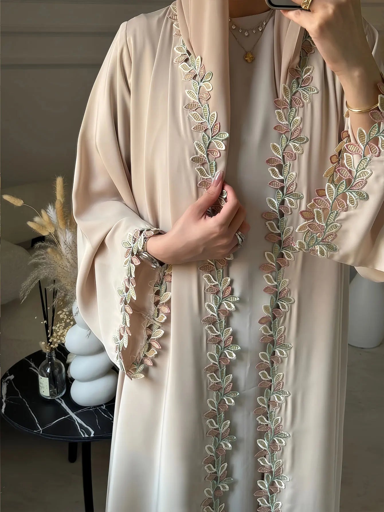 Dubai Elegant Beige Abaya for Muslim Women - Intricately Crafted with Multicolored Embroidery Piece in Islamic Modest Fashion - Bako Bako