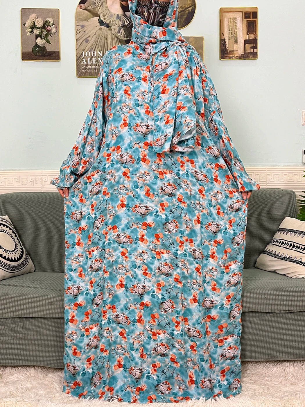 Muslim Cotton Abayas For Women Traditional Floral Ramadan Prayer Garment African Caftan Marocain Femme Robe Connected Headscarf - Bako Bako