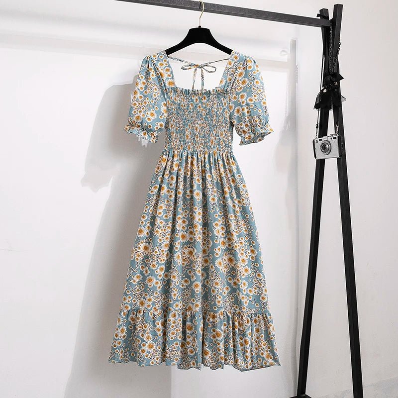 Spring Summer Chiffon Dresses Fashion Female Elastic Waist Short Sleeve Pleated Casual Dress Women A - line Dresses Vestidos - Bako Bako