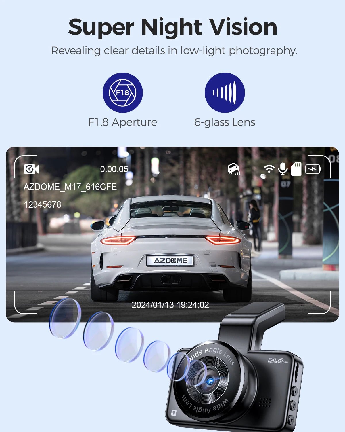 AZDOME Dash Cam M17 1080P Front Cam Built - in ADAS GPS Car Camera 24H Parking Monitor Night Vision Car DVR WIFI APP 150°FOV - Bako Bako