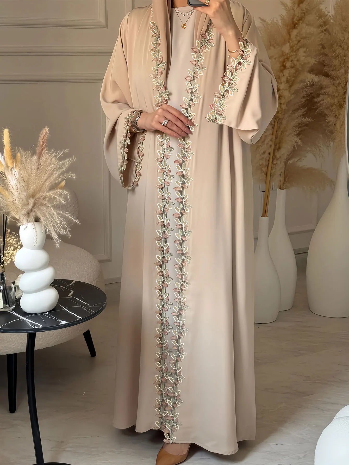Dubai Elegant Beige Abaya for Muslim Women - Intricately Crafted with Multicolored Embroidery Piece in Islamic Modest Fashion - Bako Bako