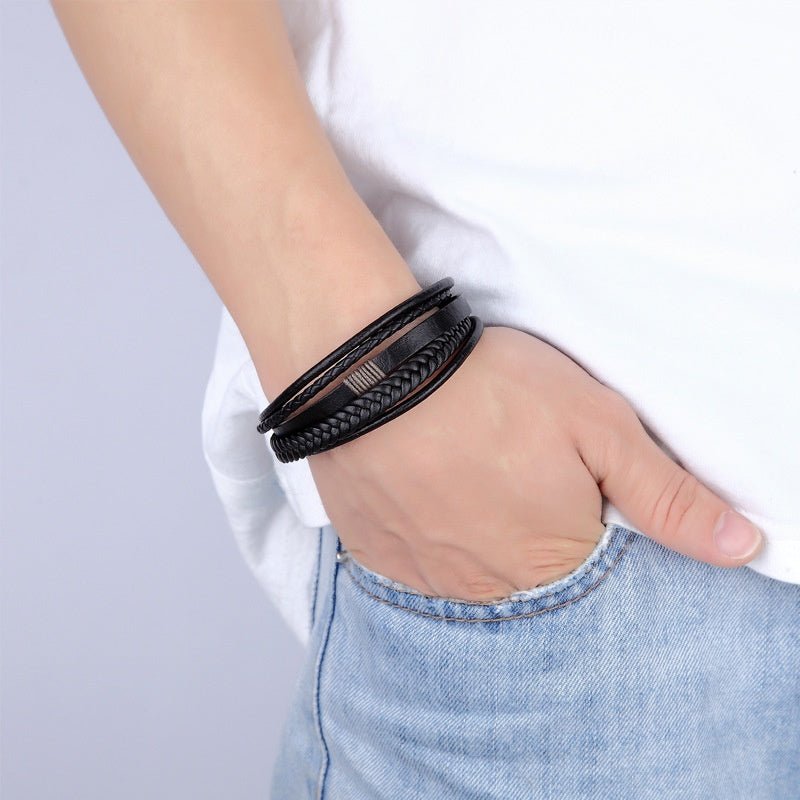 1pc Men's Hand - Woven Multi - Layer Leather Bracelet with Buckle Closure - Stylish Faux Leather Cuff, Durable & Versatile Accessory for Casual or Formal Wear - Bako Bako