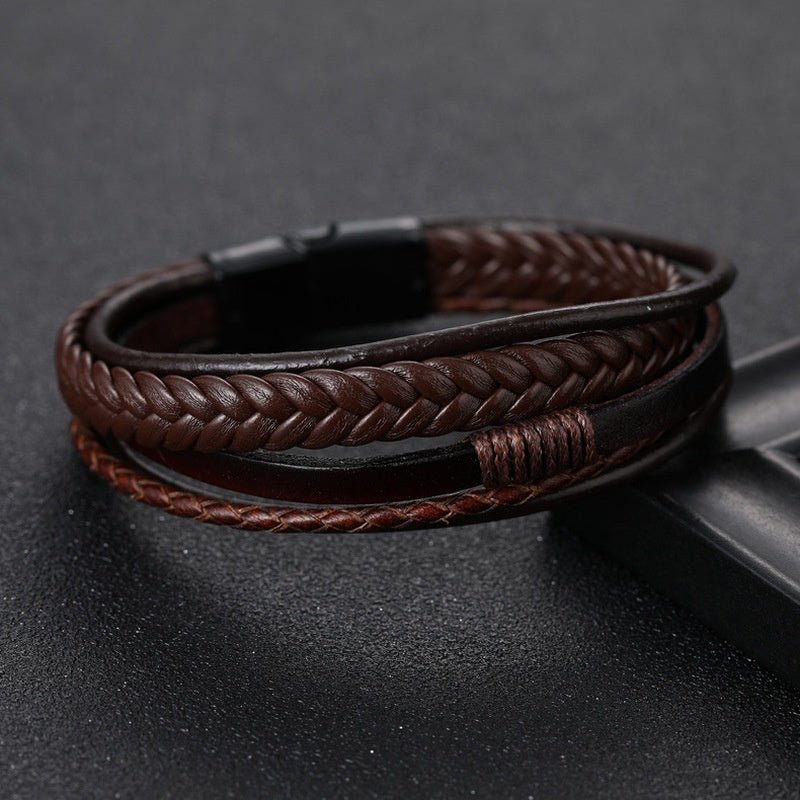 1pc Men's Hand - Woven Multi - Layer Leather Bracelet with Buckle Closure - Stylish Faux Leather Cuff, Durable & Versatile Accessory for Casual or Formal Wear - Bako Bako