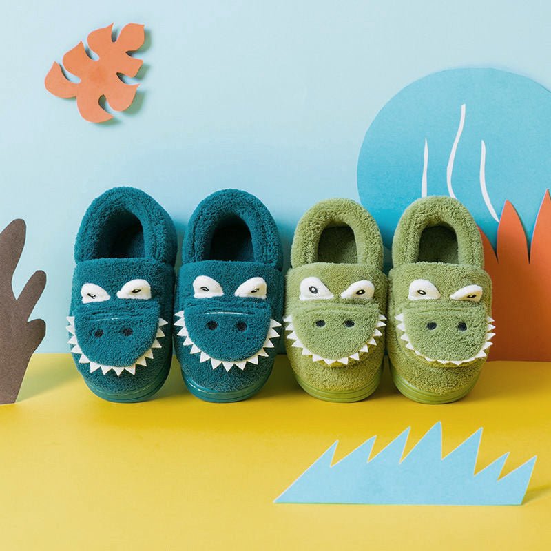 Boys' Dinosaur Slippers with Plush TPR Sole & Alligator/Crocodile Teeth - Warm Winter Indoor/Outdoor, Green & White Low - Top Easy Slip - On for, Cute Dino Footwear for Bedtime & Play - Bako Bako