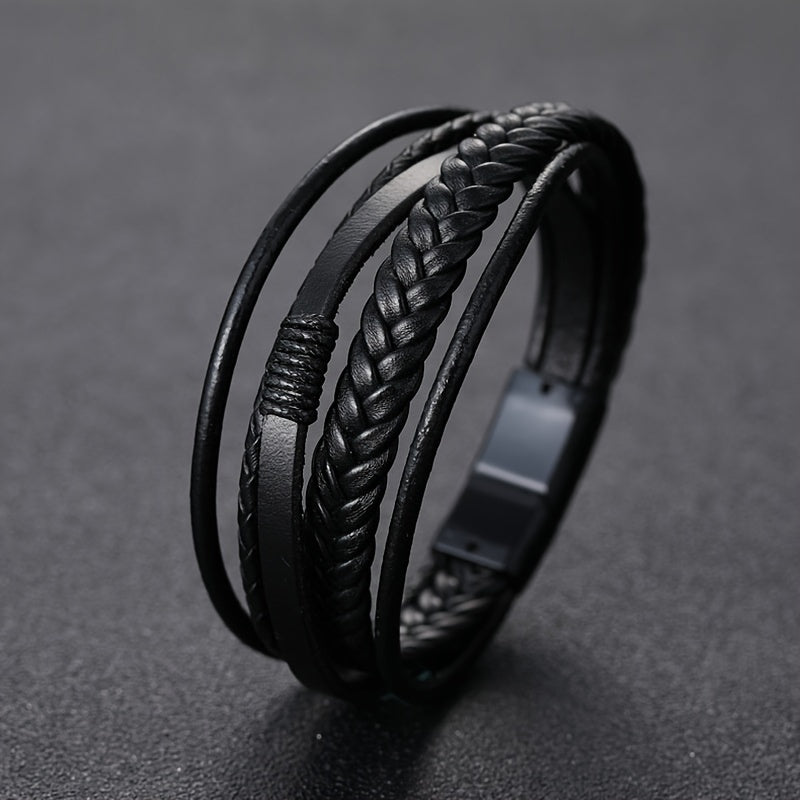 1pc Men's Hand - Woven Multi - Layer Leather Bracelet with Buckle Closure - Stylish Faux Leather Cuff, Durable & Versatile Accessory for Casual or Formal Wear - Bako Bako