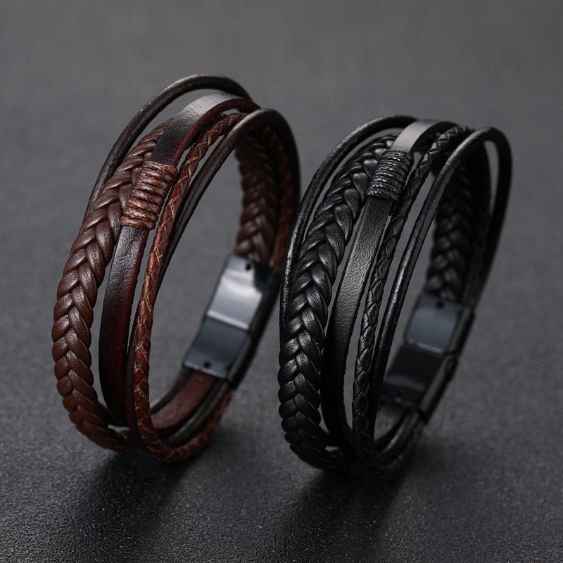 1pc Men's Hand - Woven Multi - Layer Leather Bracelet with Buckle Closure - Stylish Faux Leather Cuff, Durable & Versatile Accessory for Casual or Formal Wear - Bako Bako