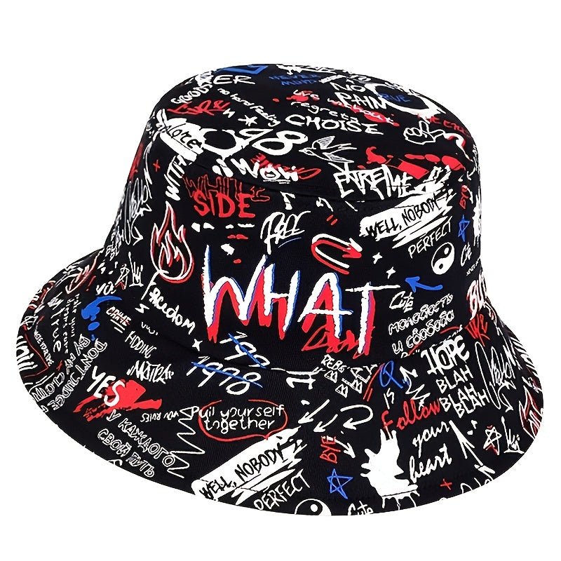 1 Men's "What" Graffiti - Style Bucket Hat - Streetwear Polyester, Hand - Washable, Black with Colorful Typography & Graphics, Perfect for Trendy Outfits - Bako Bako