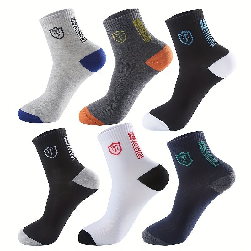 6pairs Men's Sweat Absorbing Embroidered Crest Athletic Socks, Ankle Socks - Bako Bako