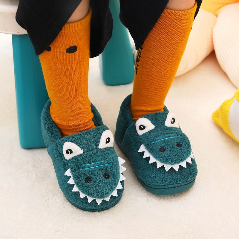 Boys' Dinosaur Slippers with Plush TPR Sole & Alligator/Crocodile Teeth - Warm Winter Indoor/Outdoor, Green & White Low - Top Easy Slip - On for, Cute Dino Footwear for Bedtime & Play - Bako Bako