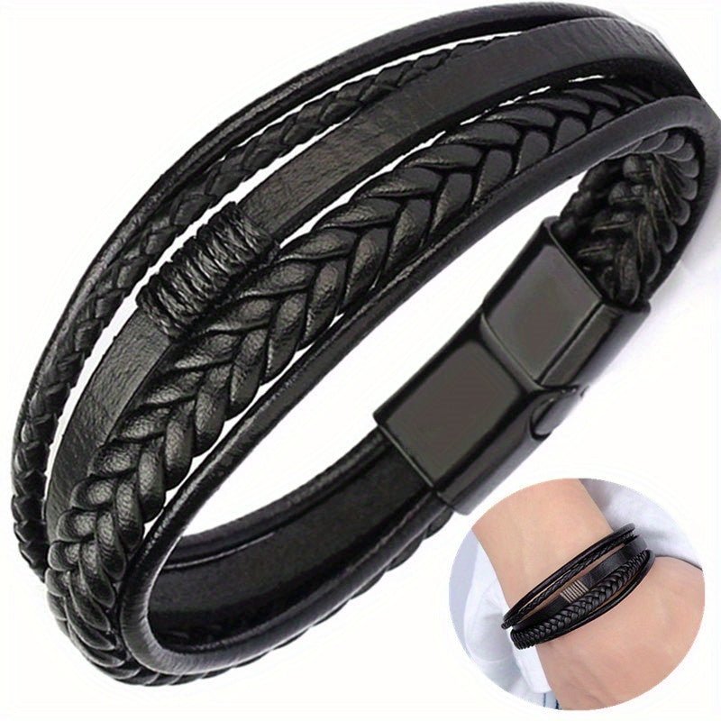 1pc Men's Hand - Woven Multi - Layer Leather Bracelet with Buckle Closure - Stylish Faux Leather Cuff, Durable & Versatile Accessory for Casual or Formal Wear - Bako Bako