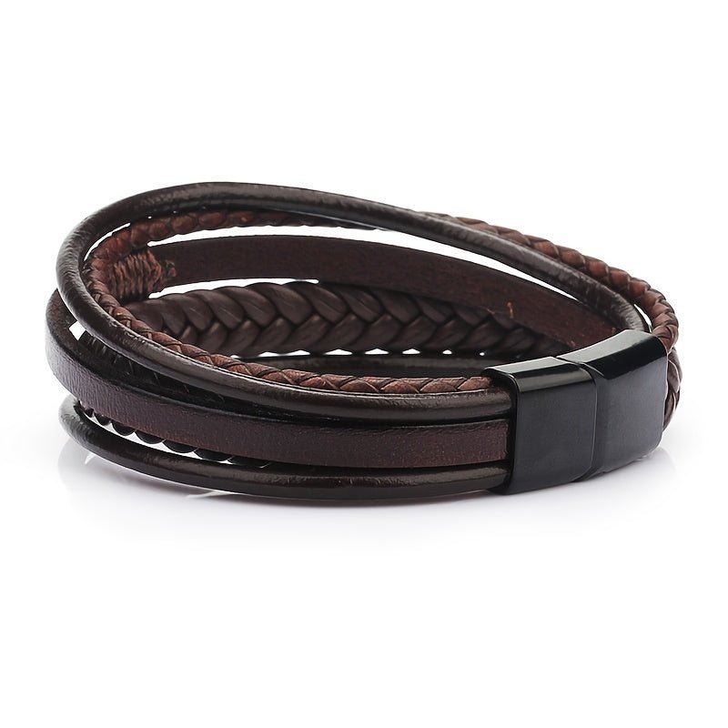 1pc Men's Hand - Woven Multi - Layer Leather Bracelet with Buckle Closure - Stylish Faux Leather Cuff, Durable & Versatile Accessory for Casual or Formal Wear - Bako Bako