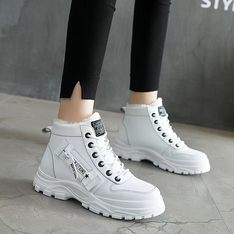 [Warm Fleece - Lined Winter Boots] Warm Fleece - Lined Women's Winter High - Top Boots - Thick Rubber Sole, Lace - Up Casual Style, White & Beige, Perfect for Cold Weather Comfort - Bako Bako