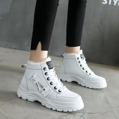 [Warm Fleece - Lined Winter Boots] Warm Fleece - Lined Women's Winter High - Top Boots - Thick Rubber Sole, Lace - Up Casual Style, White & Beige, Perfect for Cold Weather Comfort - Bako Bako
