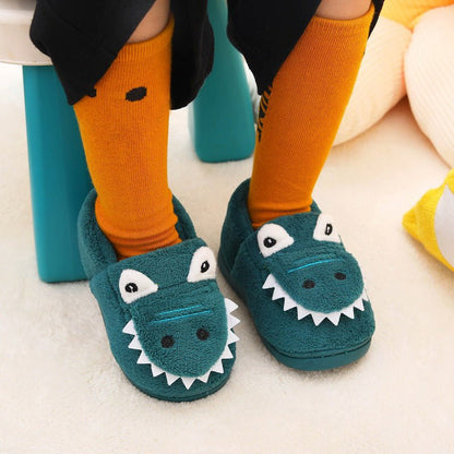 Boys' Dinosaur Slippers with Plush TPR Sole & Alligator/Crocodile Teeth - Warm Winter Indoor/Outdoor, Green & White Low - Top Easy Slip - On for, Cute Dino Footwear for Bedtime & Play - Bako Bako