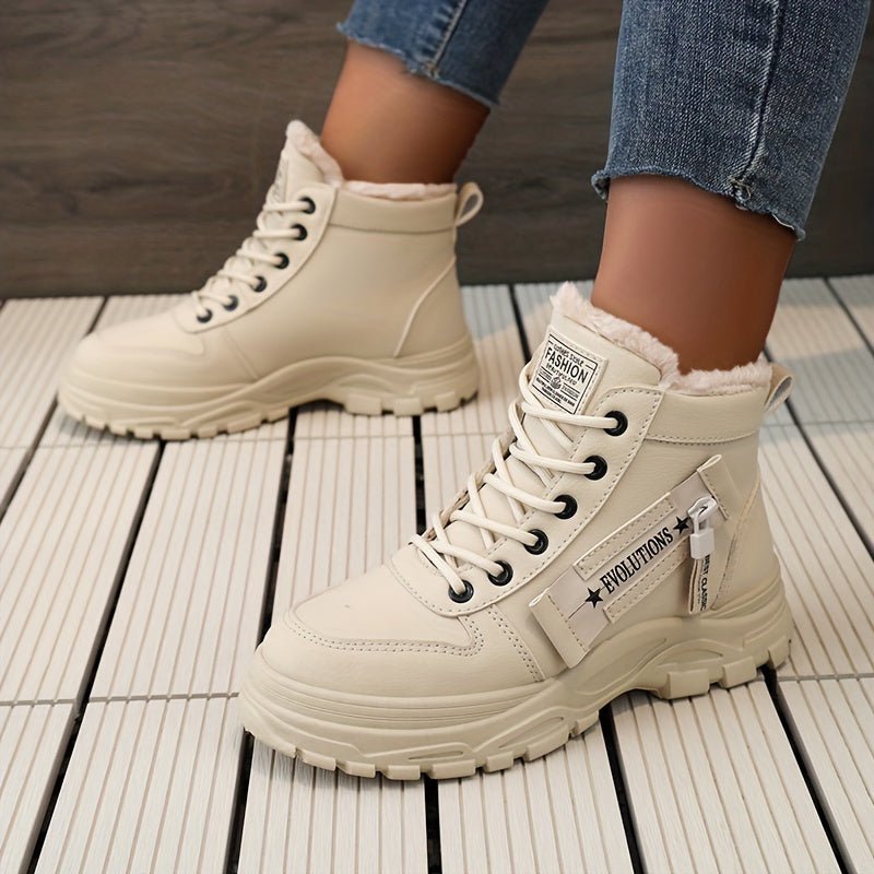 [Warm Fleece - Lined Winter Boots] Warm Fleece - Lined Women's Winter High - Top Boots - Thick Rubber Sole, Lace - Up Casual Style, White & Beige, Perfect for Cold Weather Comfort - Bako Bako