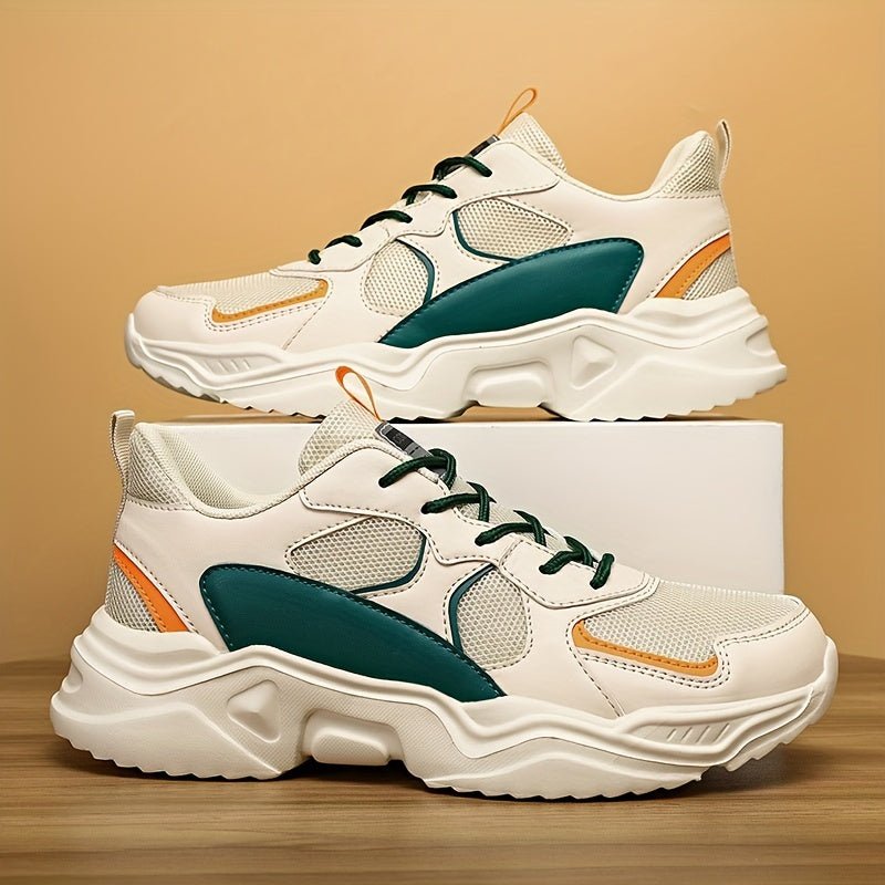 [Breathable Sneakers] Chunky Breathable Mesh Sneakers | Men's White & Teal Casual Sneakers with EVA Sole, Lace - Up Design for All Seasons - Bako Bako