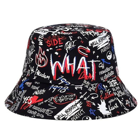 1 Men's "What" Graffiti - Style Bucket Hat - Streetwear Polyester, Hand - Washable, Black with Colorful Typography & Graphics, Perfect for Trendy Outfits - Bako Bako