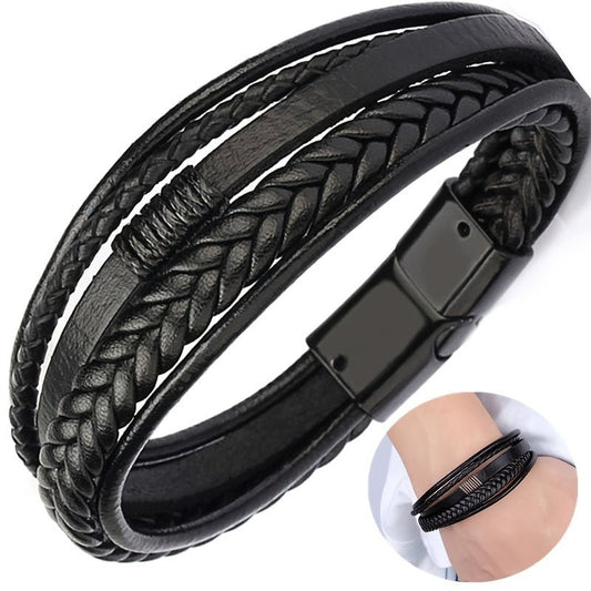 1pc Men's Hand - Woven Multi - Layer Leather Bracelet with Buckle Closure - Stylish Faux Leather Cuff, Durable & Versatile Accessory for Casual or Formal Wear - Bako Bako