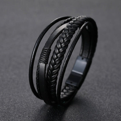 1pc Men's Hand - Woven Multi - Layer Leather Bracelet with Buckle Closure - Stylish Faux Leather Cuff, Durable & Versatile Accessory for Casual or Formal Wear - Bako Bako