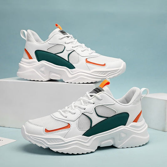 [Breathable Sneakers] Chunky Breathable Mesh Sneakers | Men's White & Teal Casual Sneakers with EVA Sole, Lace - Up Design for All Seasons - Bako Bako