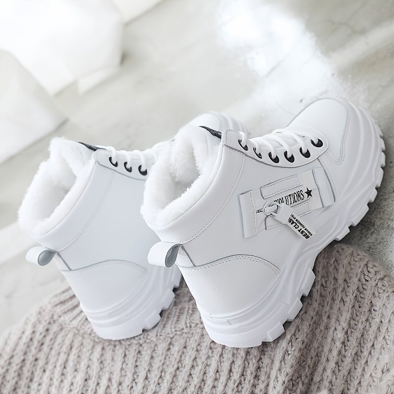 [Warm Fleece - Lined Winter Boots] Warm Fleece - Lined Women's Winter High - Top Boots - Thick Rubber Sole, Lace - Up Casual Style, White & Beige, Perfect for Cold Weather Comfort - Bako Bako