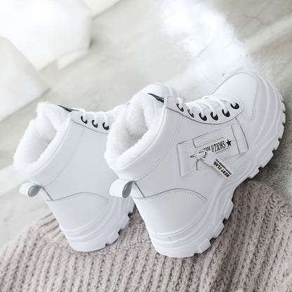 [Warm Fleece - Lined Winter Boots] Warm Fleece - Lined Women's Winter High - Top Boots - Thick Rubber Sole, Lace - Up Casual Style, White & Beige, Perfect for Cold Weather Comfort - Bako Bako