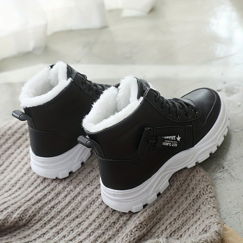 [Warm Fleece - Lined Winter Boots] Warm Fleece - Lined Women's Winter High - Top Boots - Thick Rubber Sole, Lace - Up Casual Style, White & Beige, Perfect for Cold Weather Comfort - Bako Bako