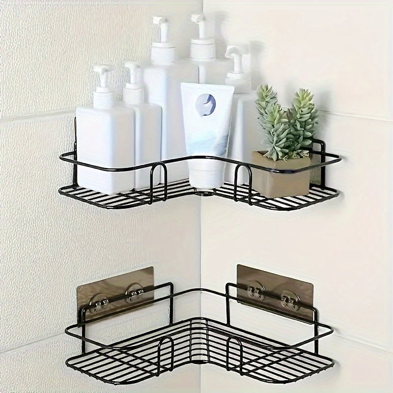 [Cast Iron Shower Shelf] 1pc Cast Iron Corner Shower Shelf - No - Drill Wall Mounted Black Wire Mesh Bathroom Storage Rack for Easy Access & Organization, Perfect for Shampoo, Conditioner, and Soap, Bathroom Storage Solution | - Bako Bako