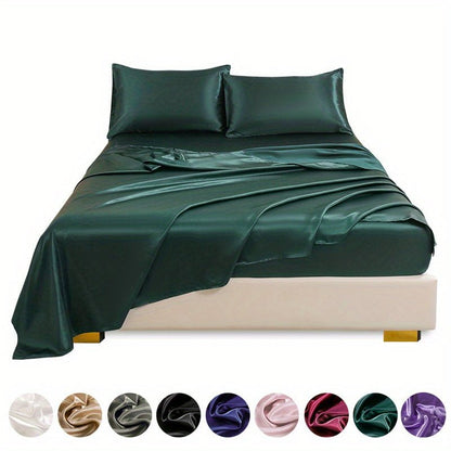This 4pcs Satin Bed Sheet Set Includes One Fitted Sheet, One Flat Sheet, And Two Pillowcases Without Inserts. The Solid Color Showcases a Simple And Elegant Design That Never Goes Out of Style. Made from Polyester, The Fabric - Bako Bako