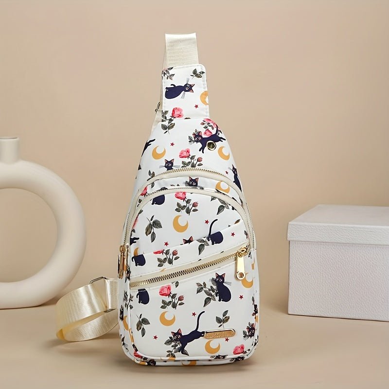 Large Capacity Chest Bag for Women - Adjustable Embroidered Crossbody Bag with Zipper Closure, Polyester Lining, Foldable, and Random Printing - Urban Solid Color Nylon Bag with Comfortable Strap - Bako Bako