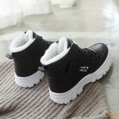 [Warm Fleece - Lined Winter Boots] Warm Fleece - Lined Women's Winter High - Top Boots - Thick Rubber Sole, Lace - Up Casual Style, White & Beige, Perfect for Cold Weather Comfort - Bako Bako