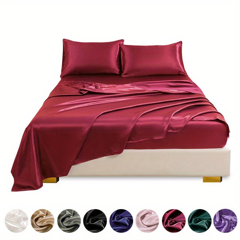 This 4pcs Satin Bed Sheet Set Includes One Fitted Sheet, One Flat Sheet, And Two Pillowcases Without Inserts. The Solid Color Showcases a Simple And Elegant Design That Never Goes Out of Style. Made from Polyester, The Fabric - Bako Bako