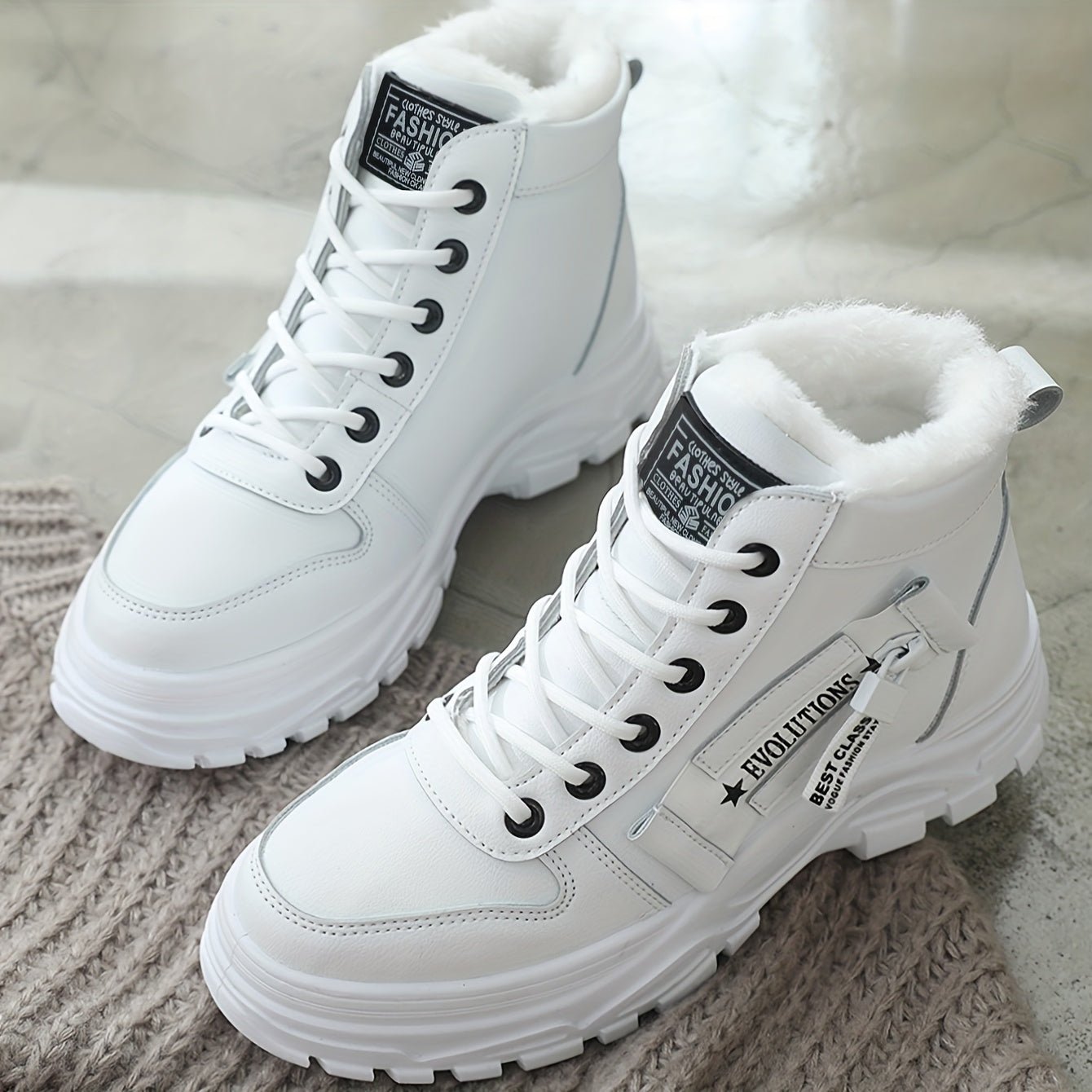 [Warm Fleece - Lined Winter Boots] Warm Fleece - Lined Women's Winter High - Top Boots - Thick Rubber Sole, Lace - Up Casual Style, White & Beige, Perfect for Cold Weather Comfort - Bako Bako